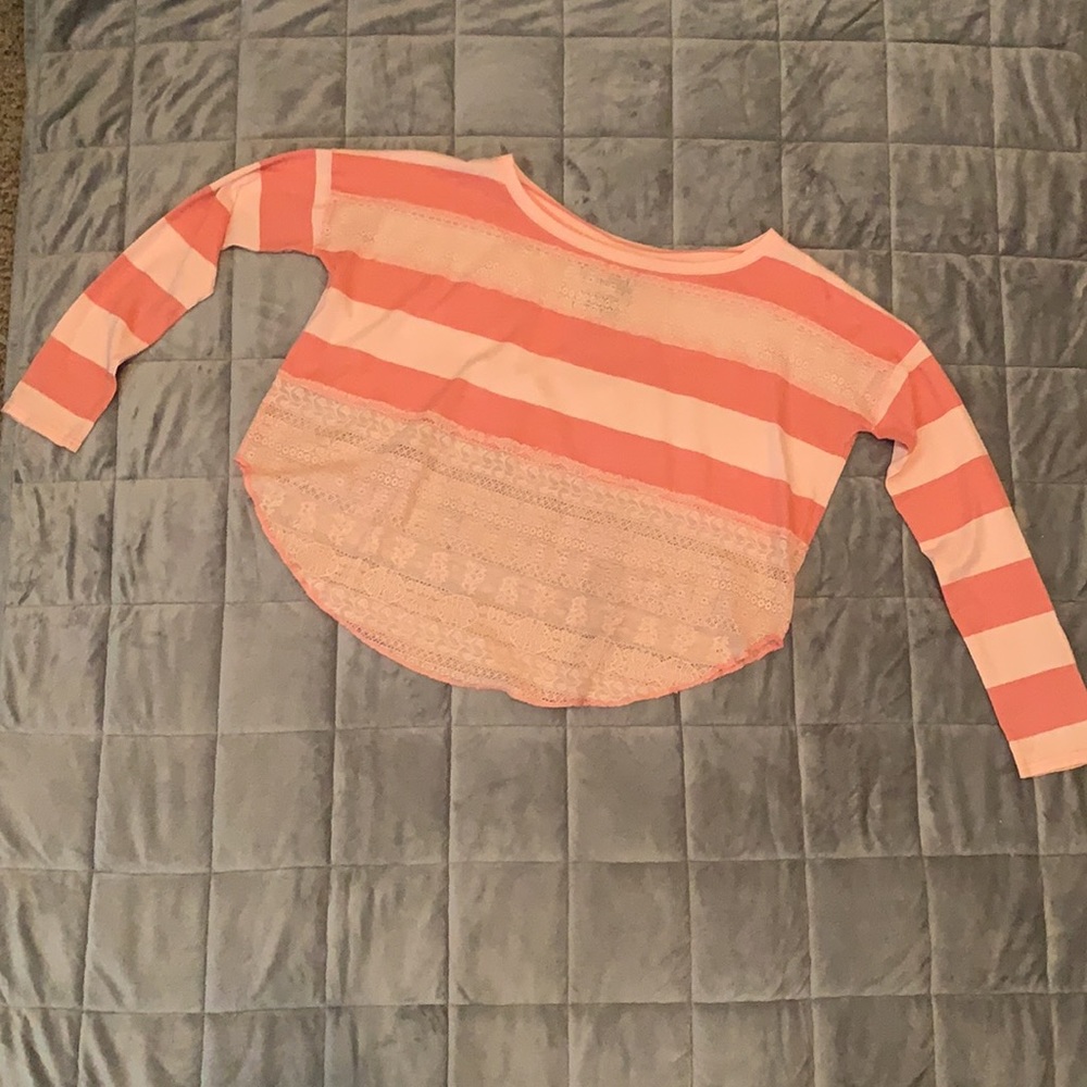 Free People.We the free. Lace Oversized pink striped long sleeved shirt.